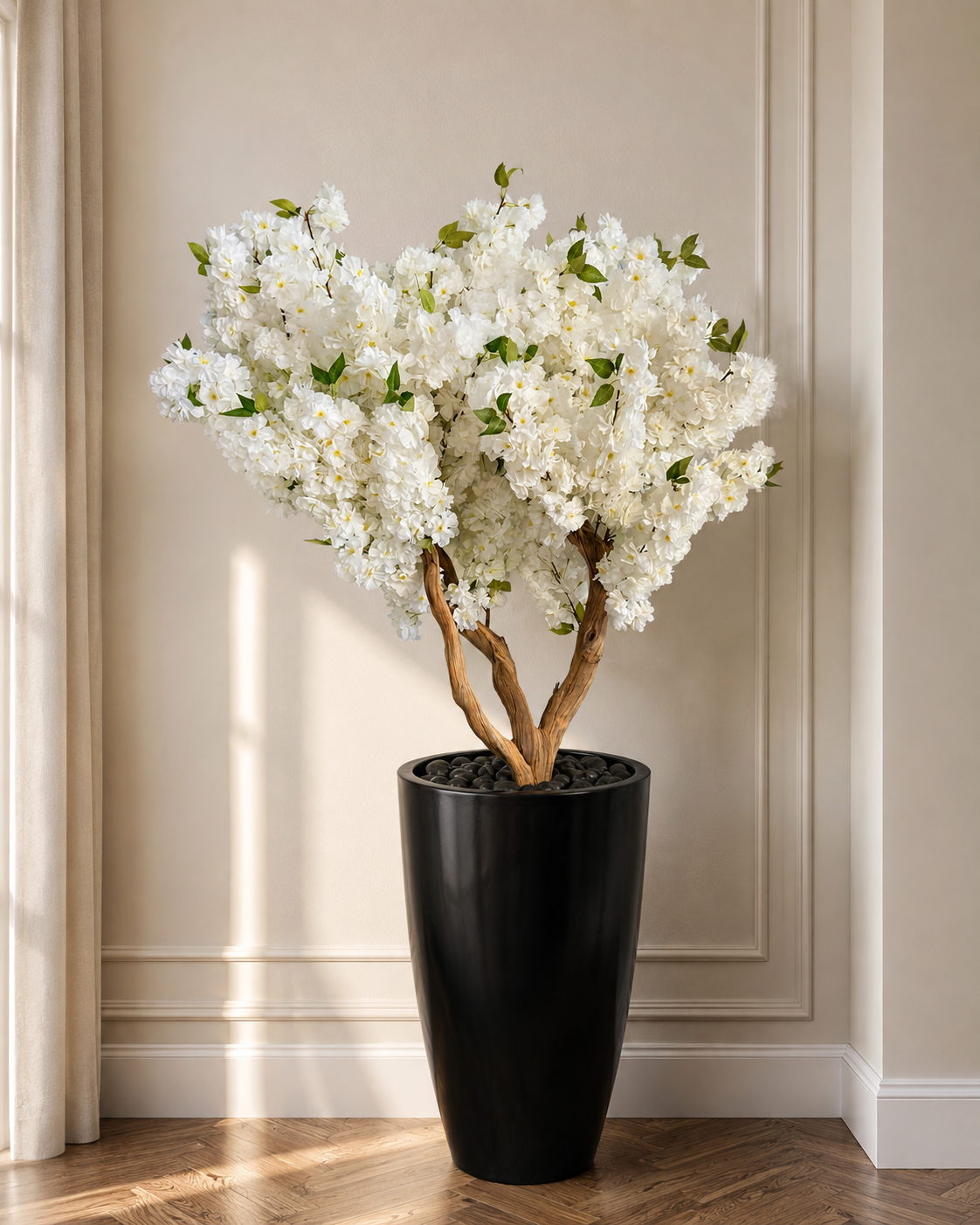 White Blossom Statement Tree in a tall black planter